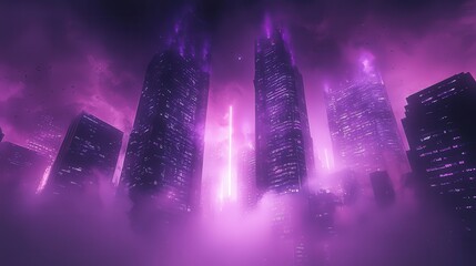 Car vintage night concept. Mysterious purple cityscape with towering skyscrapers enveloped in fog.