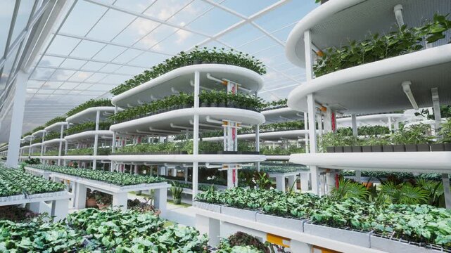 Modern Greenhouse With Tiered Hydroponic Systems For Sustainable Farming