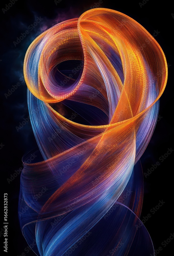 Aufkleber Abstract swirling ribbons of vibrant orange and blue light intertwine gracefully against a dark background creating a dynamic and ethereal visual flow