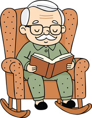 Grandfather character with glasses sitting on rocking chair and reading a book, elderly man in green pajamas, peaceful senior enjoying leisure time, cozy home lifestyle, relaxing old man concept