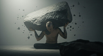 Man Sitting Cross-Legged Holding Massive Rock Above Shoulders, Conceptual Strength and Burden