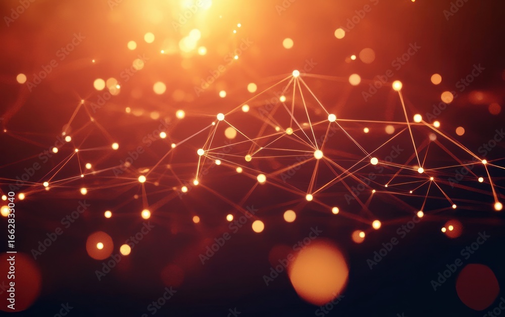 Aufkleber abstract glowing network of interconnected points and lines with warm orange light bokeh background,
