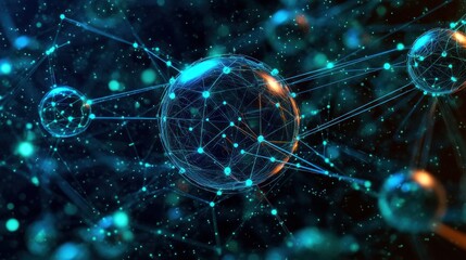 Futuristic digital network spheres interconnected by glowing lines against a dark space background evoking advanced technology and connectivity