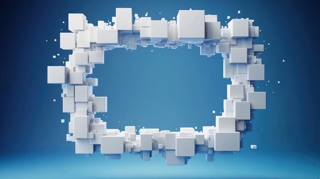 Abstract three-dimensional rectangular frame made of white cubic blocks floating against a blue gradient background, conveying a futuristic and digital atmosphere - Powered by Adobe
