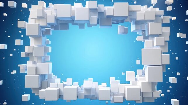 Abstract digital composition of floating white cubes forming a rectangular frame against a bright blue gradient background conveying a futuristic and dynamic atmosphere