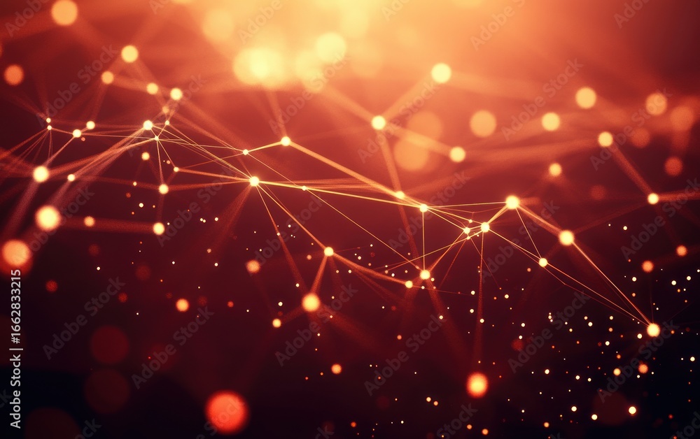 Poster abstract glowing network of connected points and lines with warm orange and red light particles in a