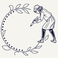 Fototapeta premium Woman in hat and jacket drawing a circular floral border with a pencil and leaves