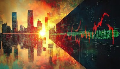 Sunset over city skyline with a digital financial stock chart overlayed, showing vibrant orange and red hues, reflecting an intense and dynamic financial atmosphere