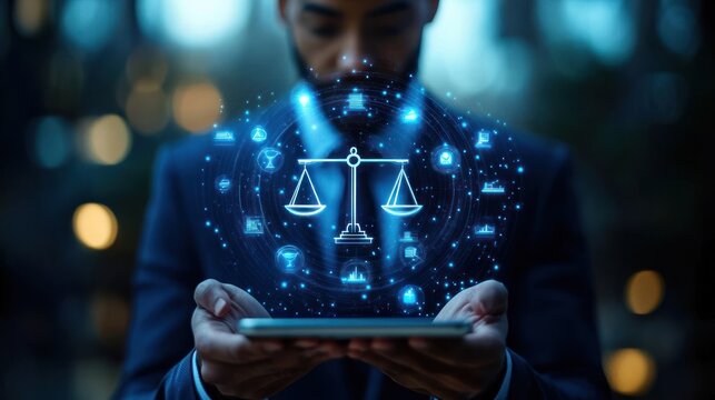 Businessman holding digital hologram of scales of justice surrounded by various icons representing law and technology