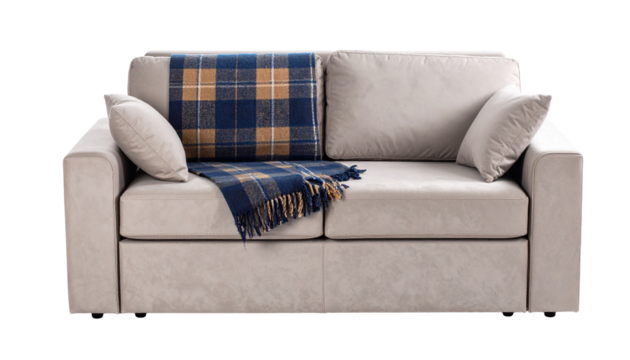 Comfortable beige sofa with checkered plaid on transparent background