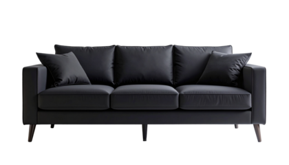 Modern black leather sofa with pillows on transparent background
