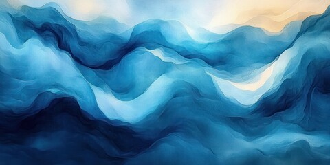 Obraz premium Abstract blue and white flowing waves resembling ocean currents or mountainous landscape with soft light and smooth brushstroke texture