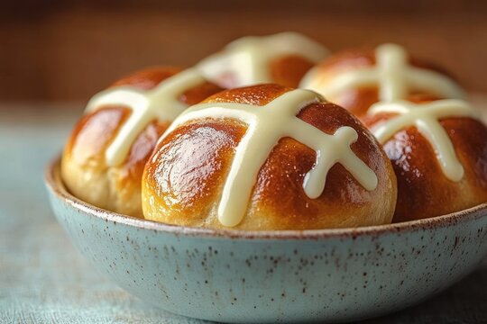 Close-up of four glossy hot cross buns with white icing crosses in a rustic ceramic bowl on a textured surface
