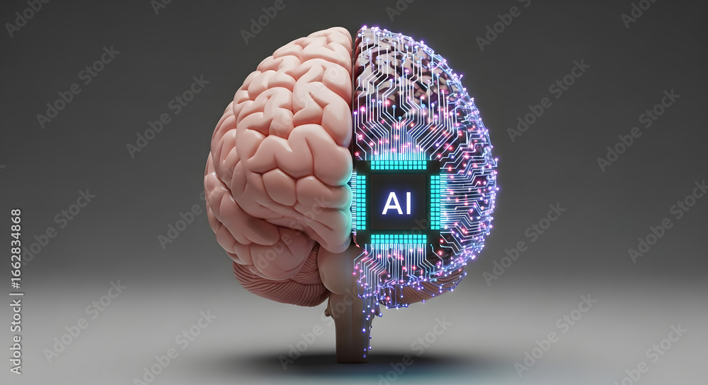 Poster depiction of a human cerebral organ merging with artificial intelligence through a neural network, s