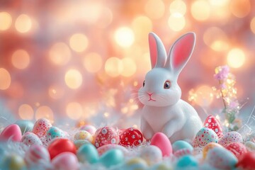 White rabbit sitting among colorful decorated eggs with soft warm glowing background creating a festive and joyful mood