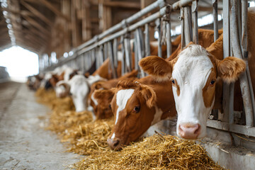 Herd of healthy dairy cows feeding in row of stables in feedlot barn on livestock farm