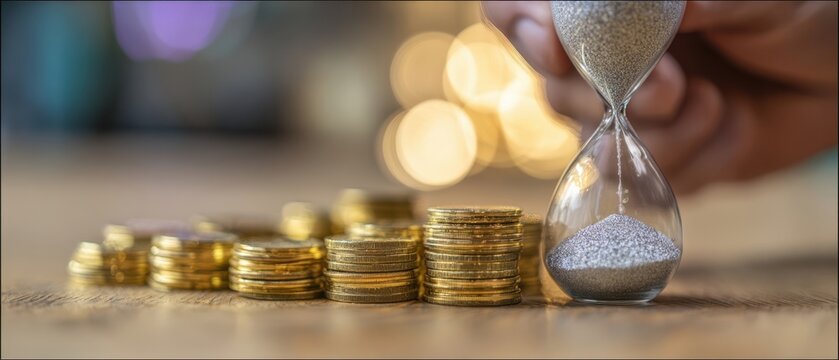 The hourglass symbolizing time management with coins representing wealth and investment.