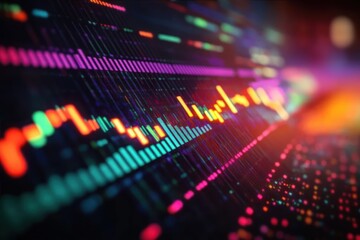 Colorful financial data and stock market graphs displayed on a dark digital screen with various lines and bars indicating market trends and fluctuations