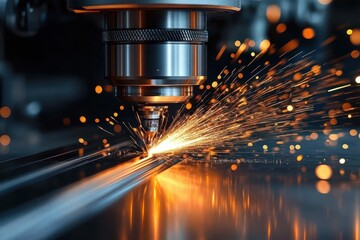 Close-up of a metal cutting machine producing bright orange sparks while shaping a shiny metal surface in an industrial setting