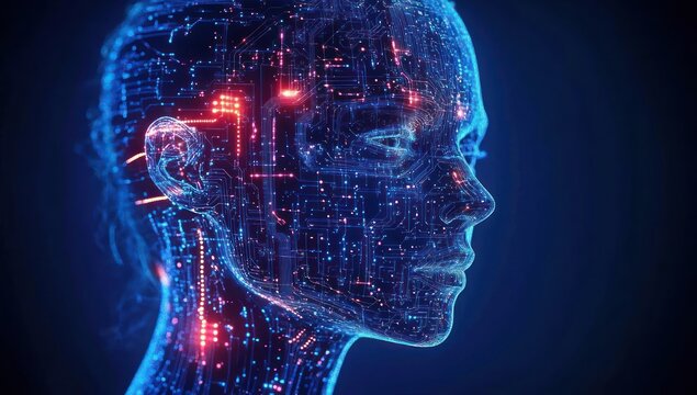 Futuristic digital human head with glowing circuitry and neural network patterns symbolizing artificial intelligence and advanced technology