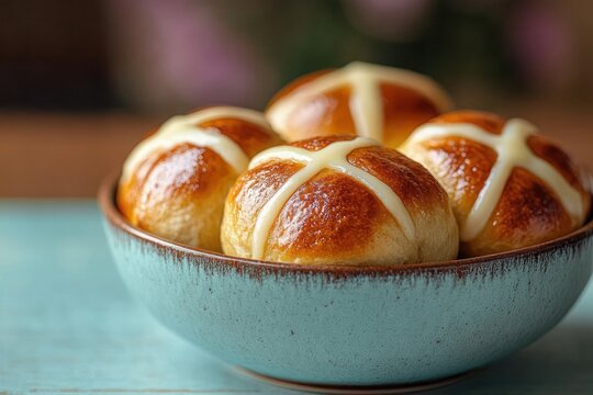 Close-up of a bowl filled with freshly baked golden brown sweet buns topped with white icing crosses, placed on a turquoise surface with a blurred background - Powered by Adobe
