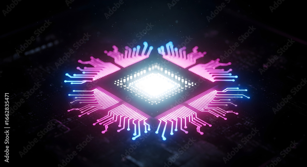 Poster an illustration depicting a luminous and complex microchip illuminated with neon blue and pink emana
