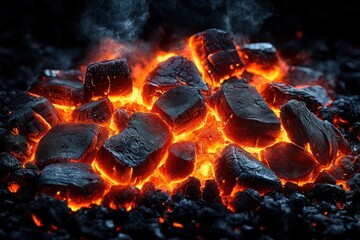 Close-up of glowing hot charcoal briquettes emitting orange heat and smoke in a dark setting