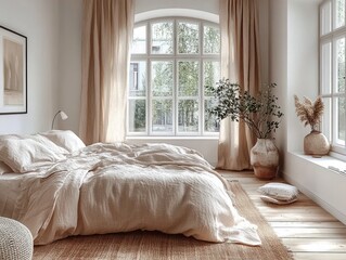 Fototapeta premium Cozy bedroom with large arched window, beige curtains, rumpled bed with light linen bedding, wooden floor, plants in ceramic pots, and a calm natural atmosphere