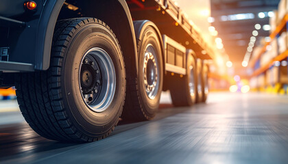 Logistics in Motion: A close-up captures the powerful wheels of a freight truck rolling through a bustling warehouse, symbolizing efficient transportation and the flow of goods in the modern world.