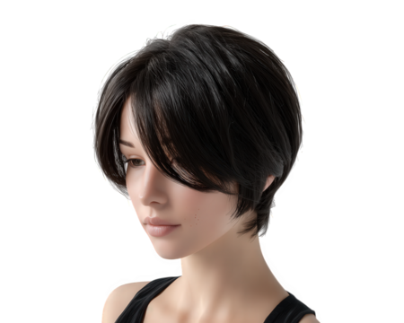Short bob hairstyle mannequin head photo realistic female black hair side part smooth skin neutral expression isolated studio lighting