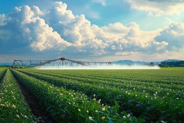Large green agricultural field with blossoming plants being irrigated by a long central pivot irrigation system under a partly cloudy blue sky