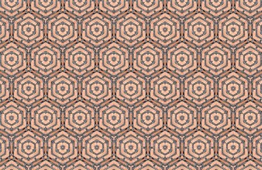 Intricate Hexagonal Pattern A Detailed Geometric Design in Peach and Grey, Creating a Seamless and Repeating Tileable Texture for Backgrounds and Visuals