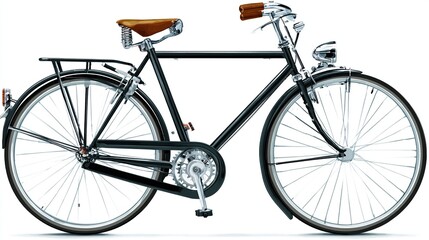 Classic black bicycle with brown leather saddle, chrome accents, fenders, and lights; displayed against a white background in a three-quarter profile view