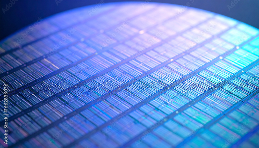 Poster microchip in blue light: captivating close-up of a silicon microchip wafer illuminated by cool blue 