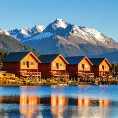 Naklejka premium Lakeside cabins near snowy peaks