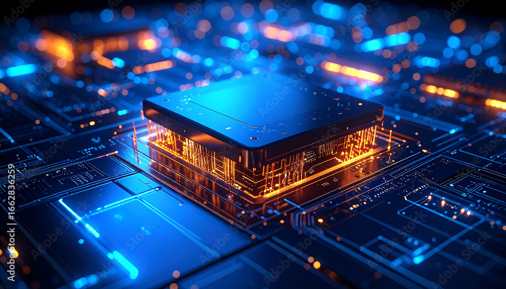 Poster digital core: a stylized depiction of a futuristic microchip, glowing with digital energy, symbolizi