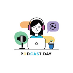 Woman with headphones and microphone recording a podcast on podcast day isolated on white background