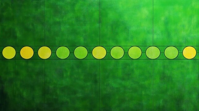 Horizontal row of yellow and green circles outlined in black on a textured green background, representing a gradient or transition in color - Powered by Adobe
