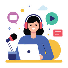 Woman with headphones and microphone recording a podcast with laptop isolated on white background