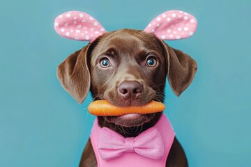 chocolate brown dog wearing pink polka dot bunny ears and pink bow tie holding a carrot in its mouth against a blue background
