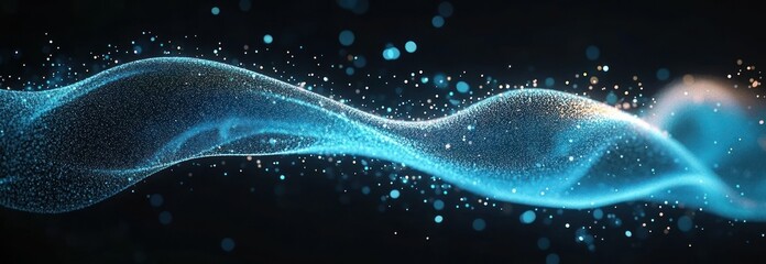 Flowing wave of glowing blue particles against a dark background evoking a sense of fluid motion and digital energy
