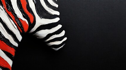 Close-up of a painted zebra head with black, white, and red stripes on a dark textured background, evoking a bold and artistic mood