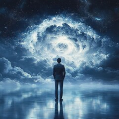Man in suit standing on reflective surface facing a massive swirling cloud formation glowing with light under starry night sky, evoking awe and contemplation