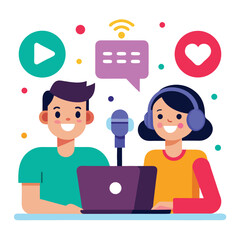 Fototapeta premium Two podcasters are recording a new episode with laptops and microphones isolated on white background