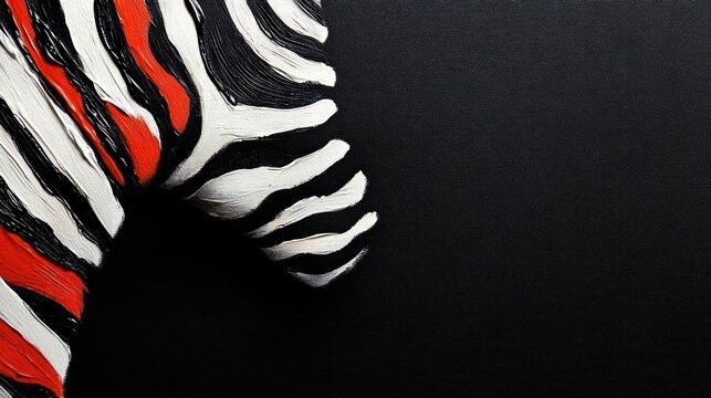 Close-up of a painted zebra head with black, white, and red stripes on a dark textured background, evoking a bold and artistic mood - Powered by Adobe