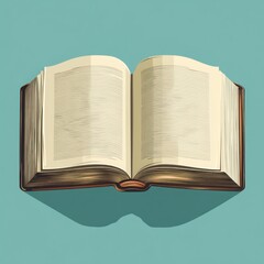 Open thick book with visible text lines casting shadow on teal background symbolizing knowledge and learning