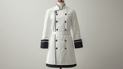 White chef coat with black trim and buttons displayed on a mannequin against a plain background