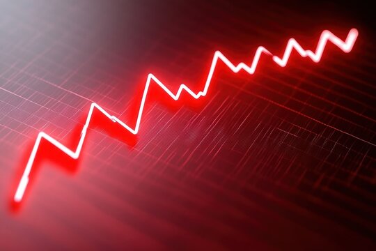 Bright red jagged upward trending line on a dark grid background representing financial growth or rising data values - Powered by Adobe