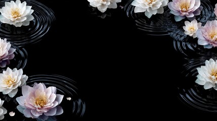 White and pink water lilies float in rippling water against a stark black background