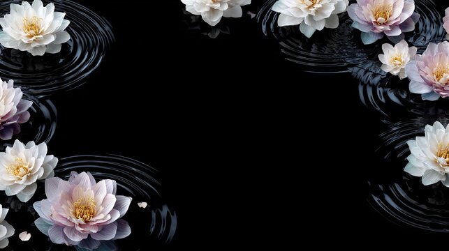 White and pink water lilies float in rippling water against a stark black background